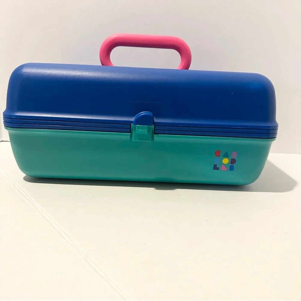 Vintage Cali Caboodle Blue Teal Pink Makeup Case Organize Sliding Tray 2602